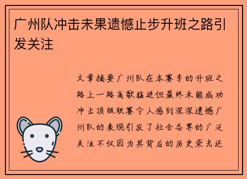 广州队冲击未果遗憾止步升班之路引发关注 广州队冲击未果遗憾止步升班之路引发关注